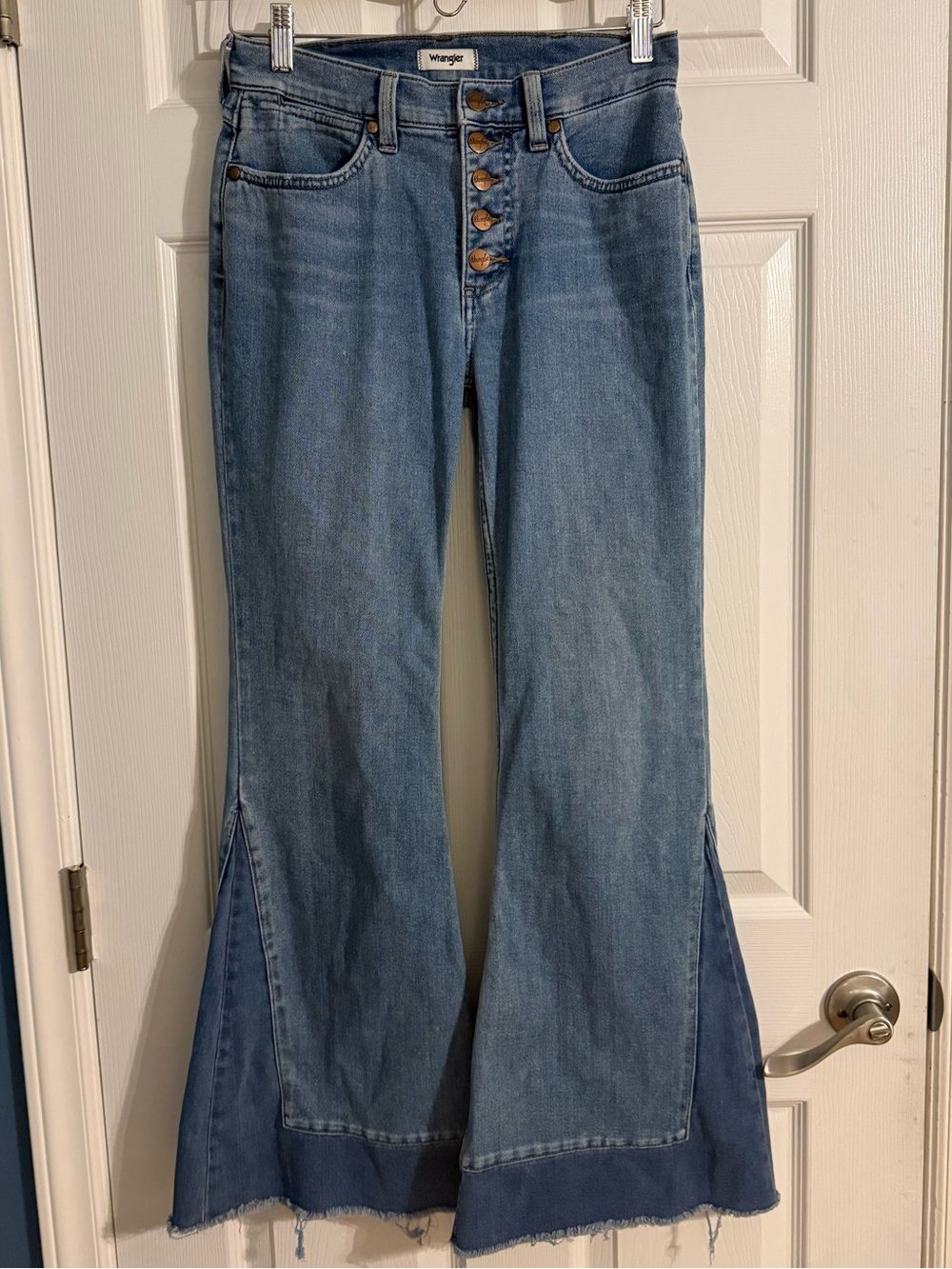 Wrangler High Rise Flare Jeans Button Fly Raw Hem Color Block Size 27